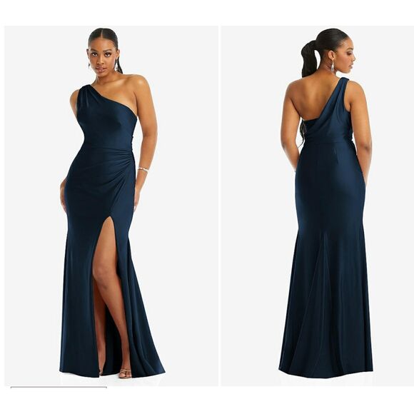 Cynthia & Sahar Med One-Shoulder Stretch Satin Dress Midnight Navy CS104 - Picture 1 of 4